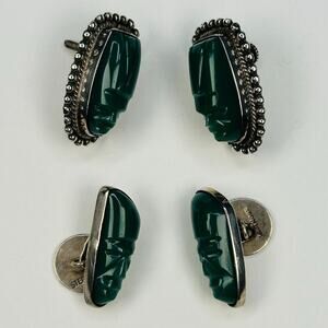 Sterling Silver Clip Earrings and Cufflinks Set with Carved Tribal Aztec Faces